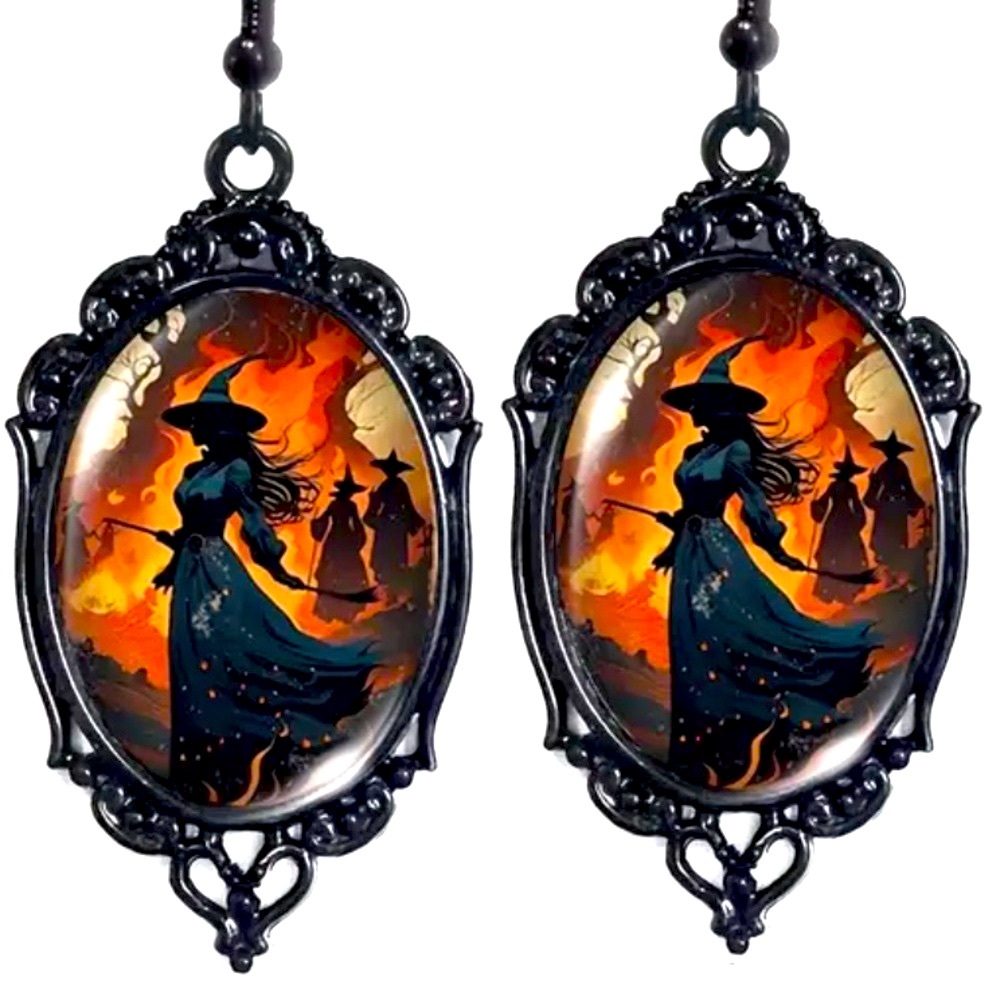 Unique Glass Vintage Witch Themed Black Lace Drop Earrings - Glass Accent
